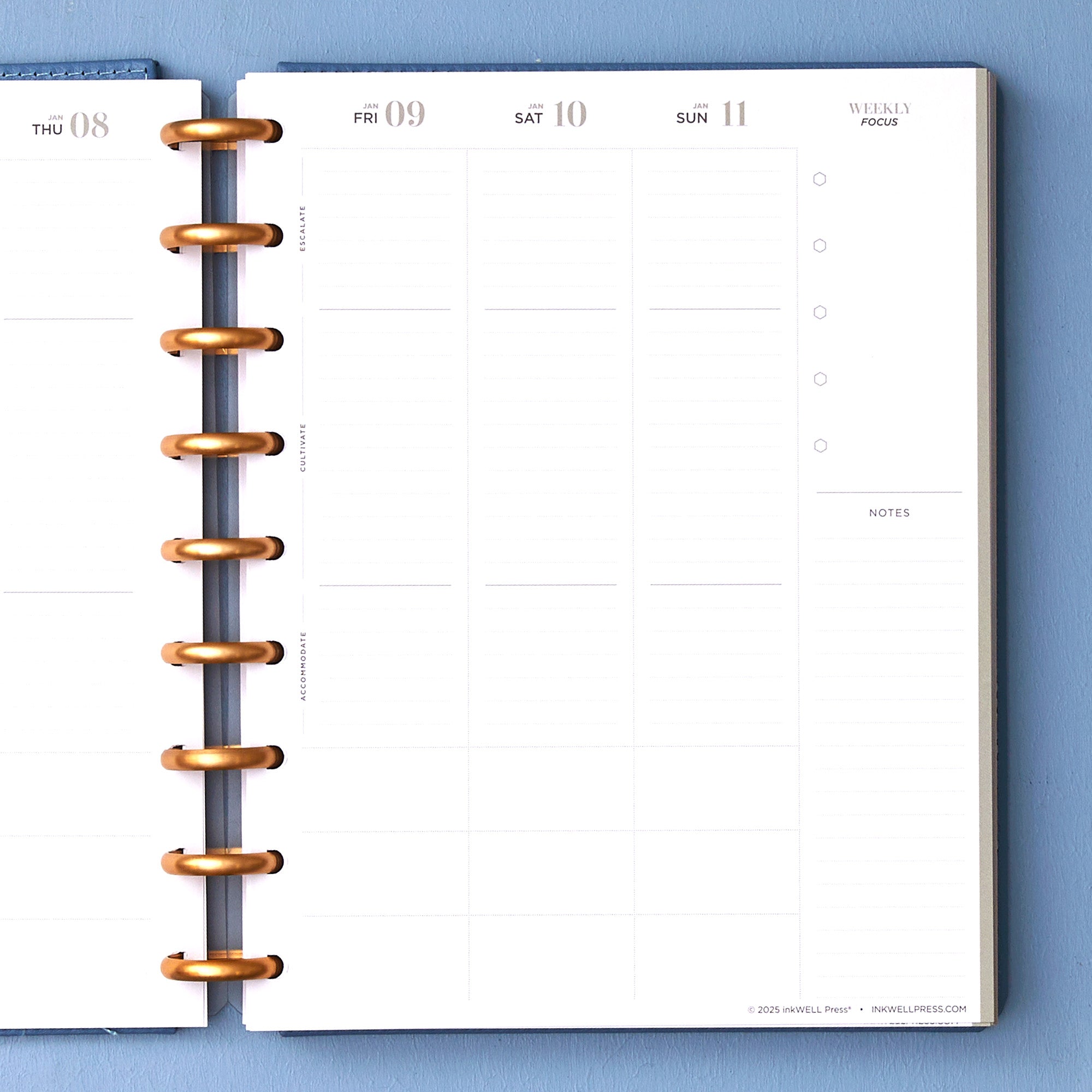 2026 january - 2026 december planner featuring 7x9 size featuring weekly vertical planning layout for each day with lined writing space, bullet points, and notes section