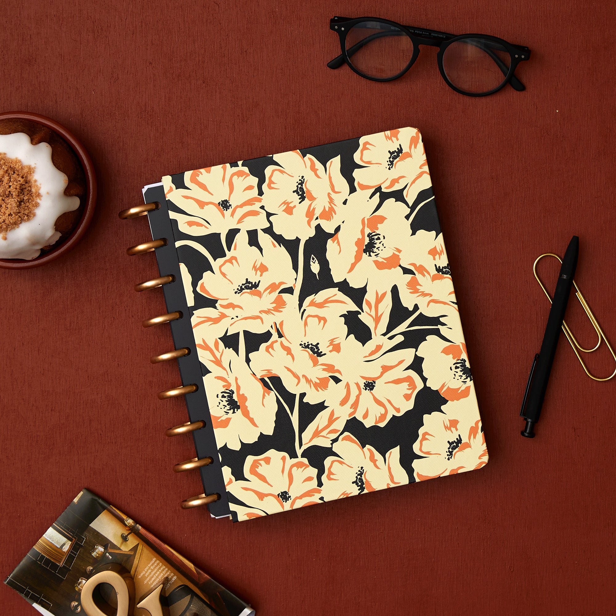7x9 cover featuring japanese floral patterns in yellow, orange on a black background