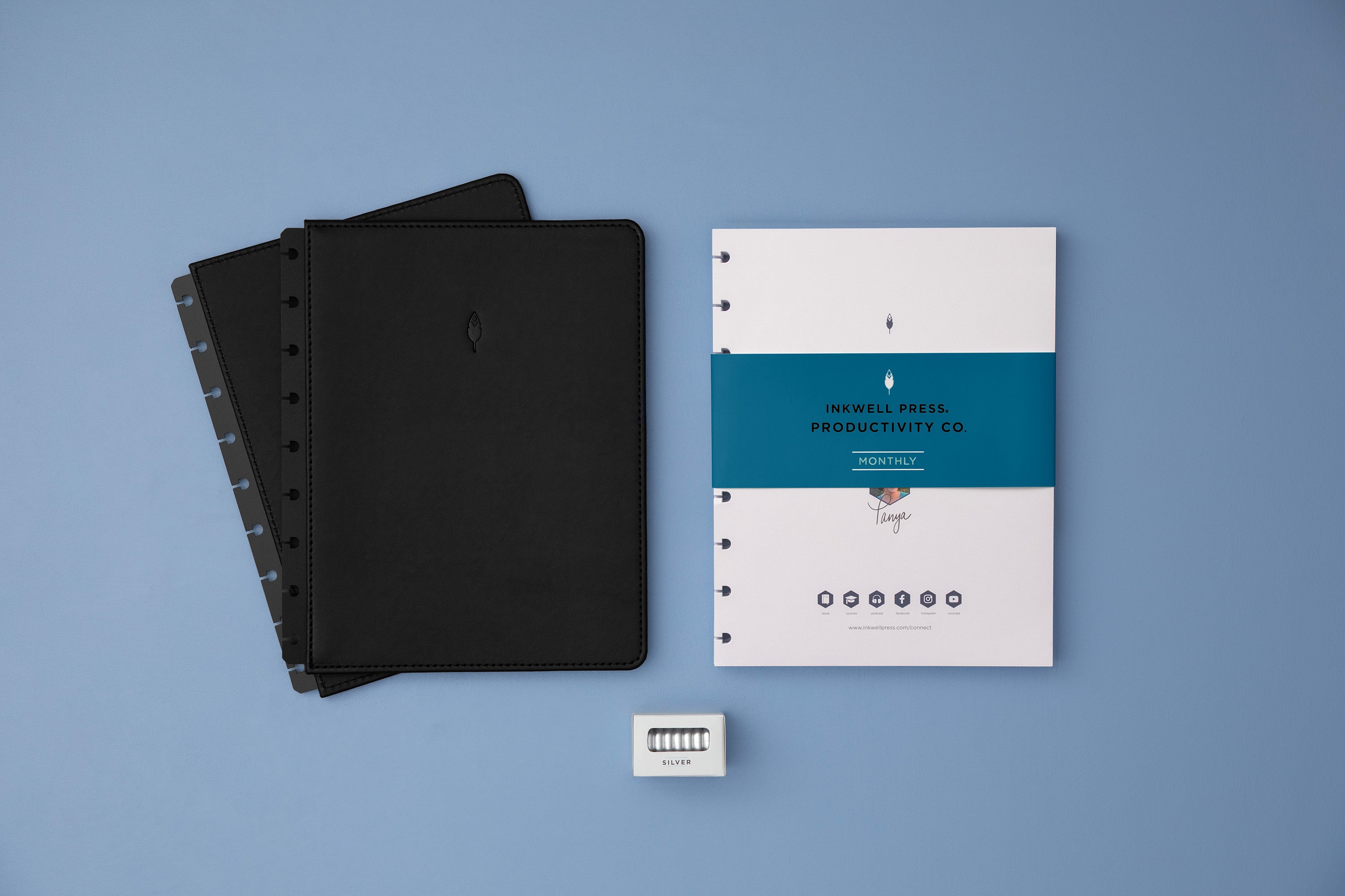 silver disc bound planner with monthly inserts and black cover 2026