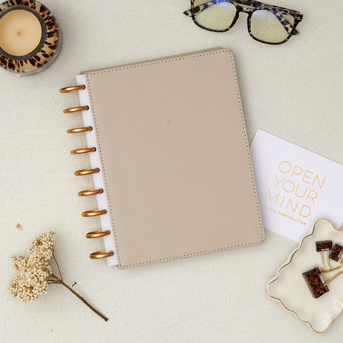 oat latte colored faux vegan leather cover for disc bound system inkwellpress.com in 7x9 size