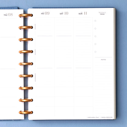 2026 january - 2026 december planner featuring 7x9 size featuring weekly vertical planning layout for each day with lined writing space, bullet points, and notes section