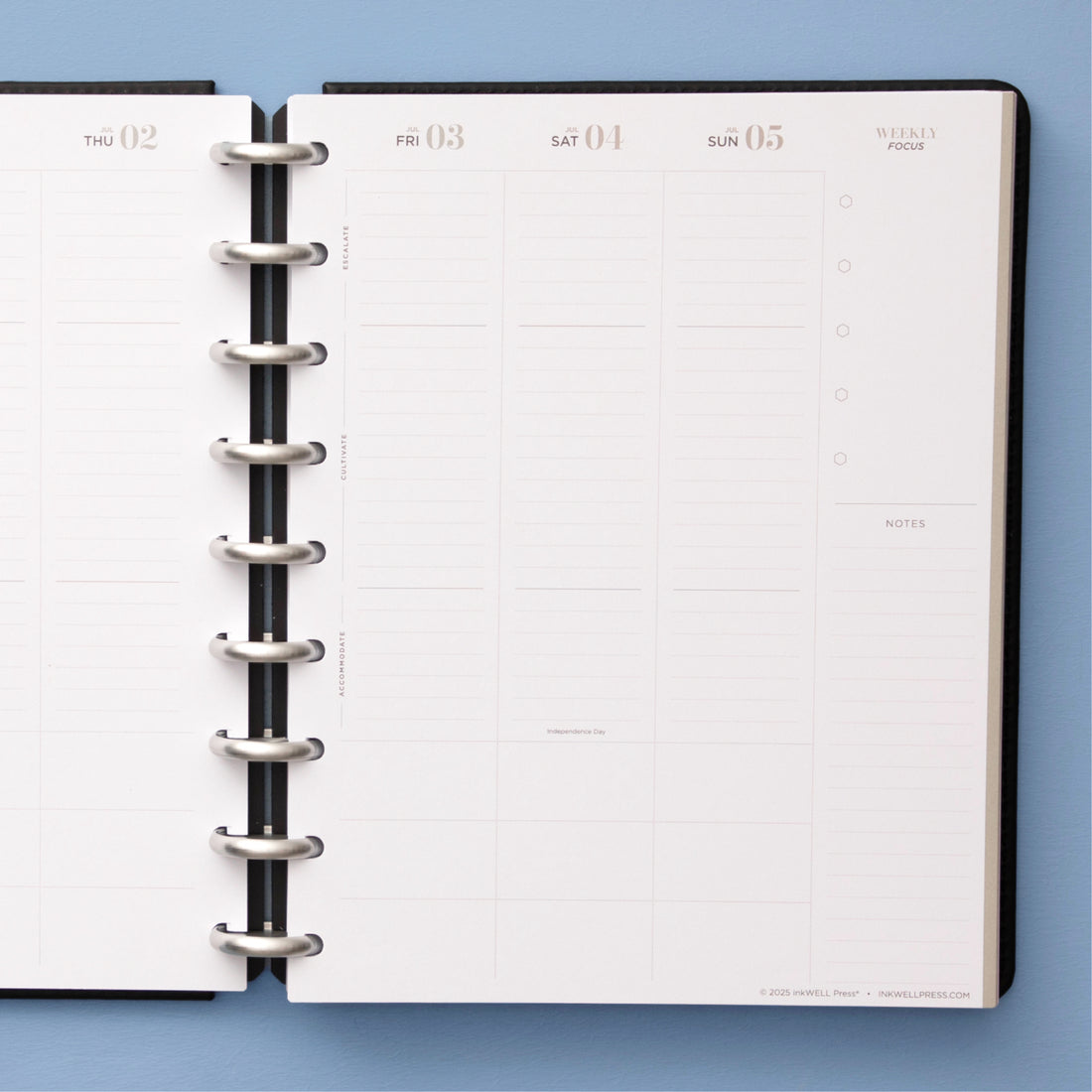the inkwellpress classic weekly insert features vertical planning with lined writing space, bullet points, and notes section