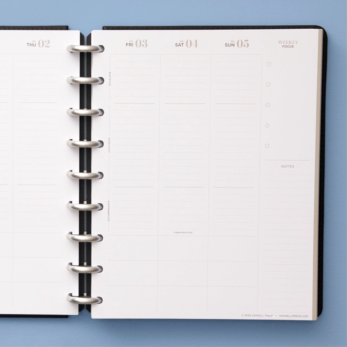 the inkwellpress classic weekly insert features vertical planning with lined writing space, bullet points, and notes section