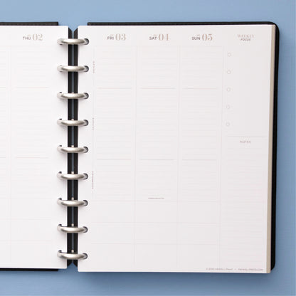 the inkwellpress classic weekly insert features vertical planning with lined writing space, bullet points, and notes section