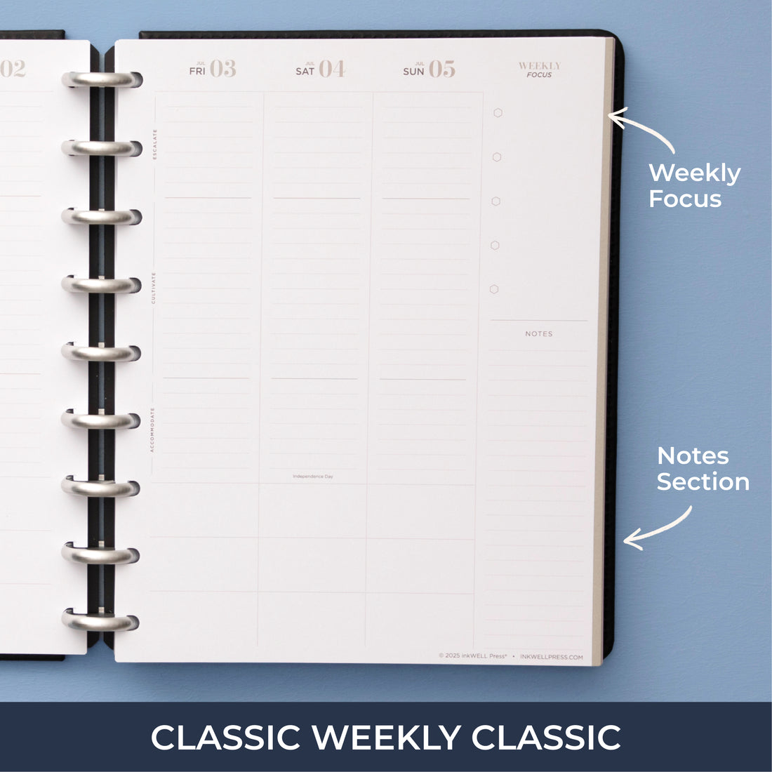 the inkwellpress classic weekly insert features vertical planning with lined writing space, bullet points, and notes section and callouts stating &
