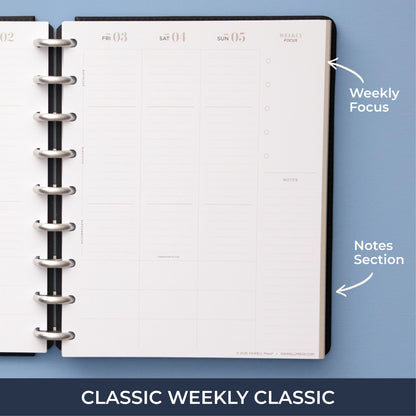 the inkwellpress classic weekly insert features vertical planning with lined writing space, bullet points, and notes section and callouts stating &