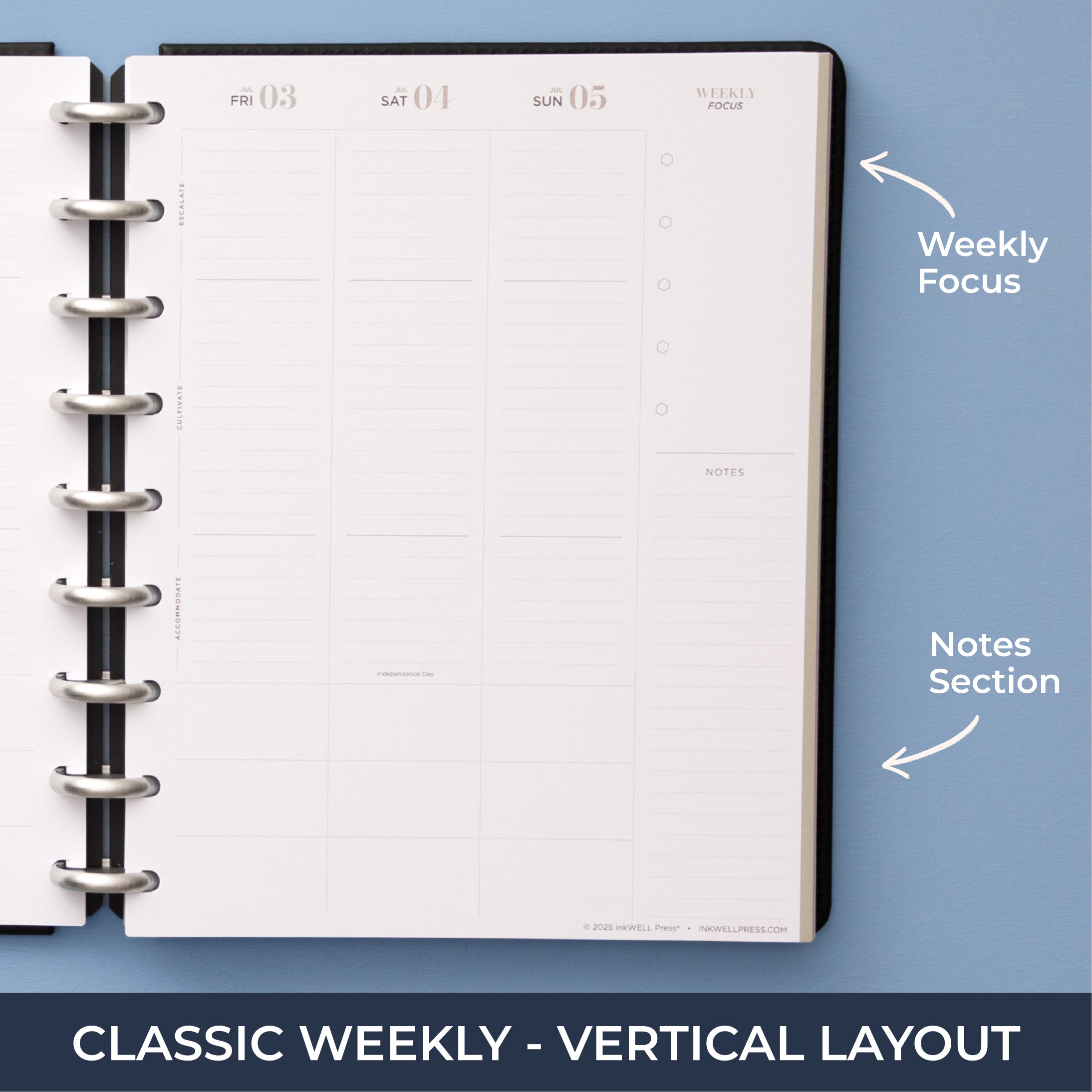inkwell classic weekly layout featuring bullet points, lined writing space, and vertical planning in 7x9 size