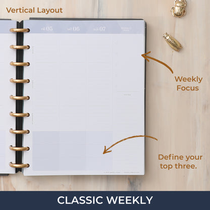 the 2024-2025 classic vertical planning layout features a weekly spread with to do notes, bullet points, lined notes section, and block planning.