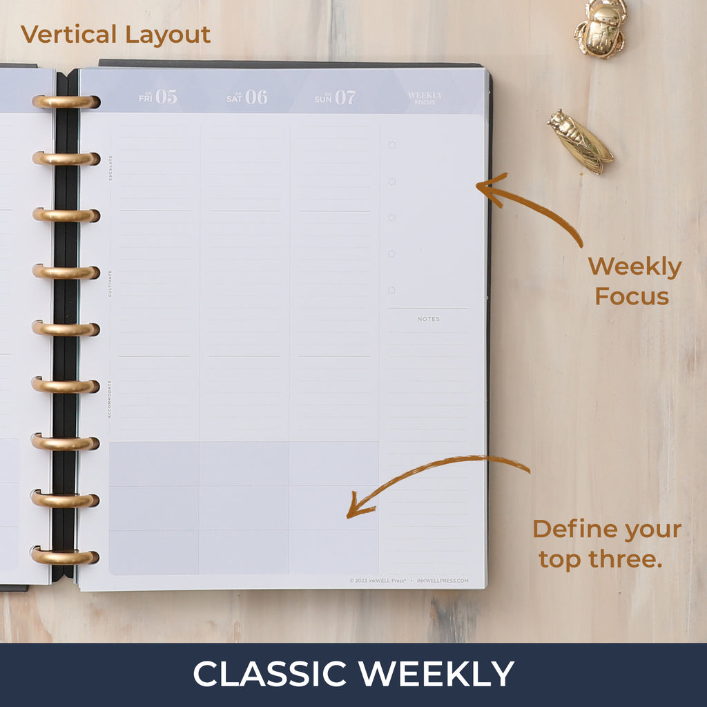 2024-2025 weekly monthly classic planner featuring a vertical planning layout ample lined writing space for to do's, planning priorities, and notes