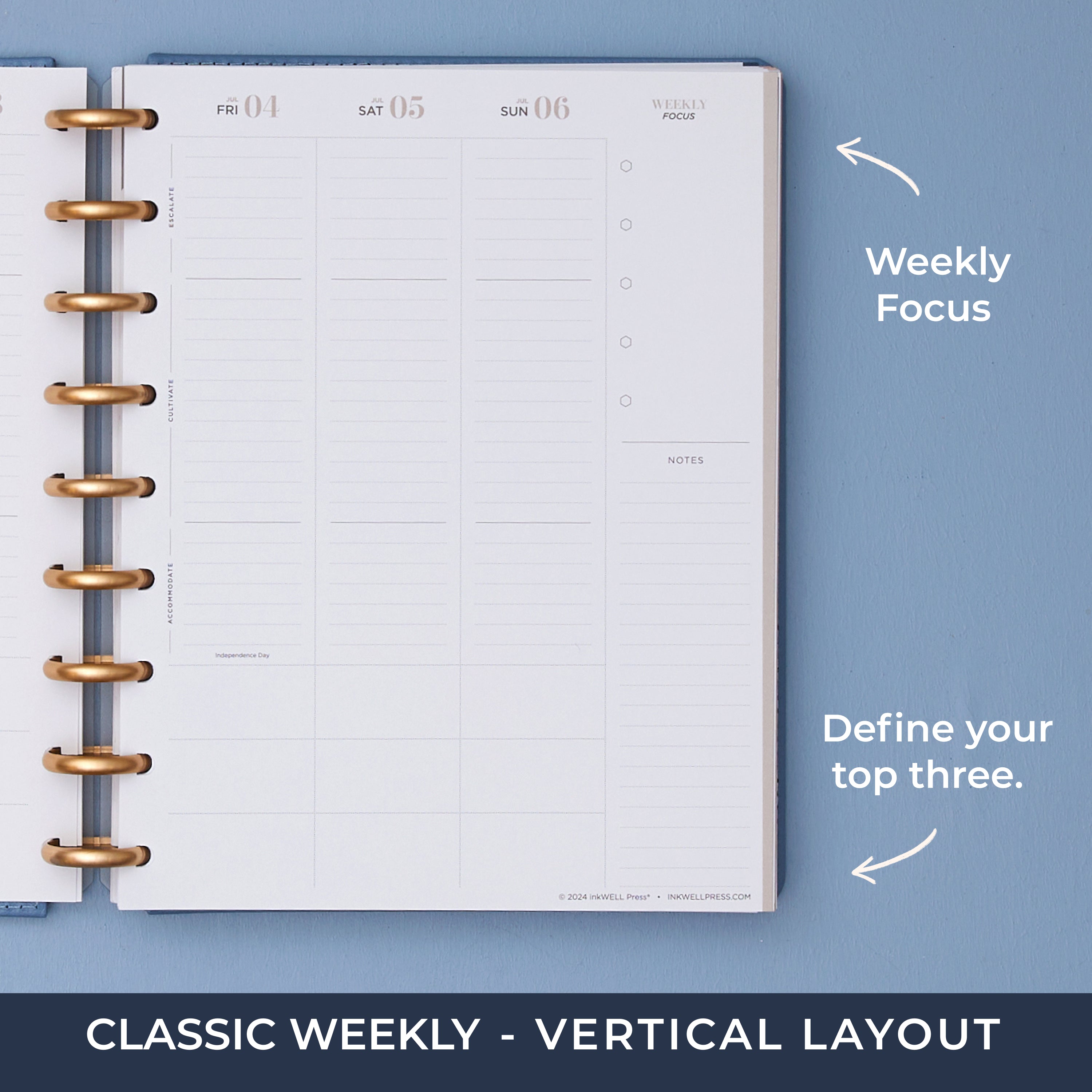 7x9 inkwellpress weekly spread featuring a vertical planning layout