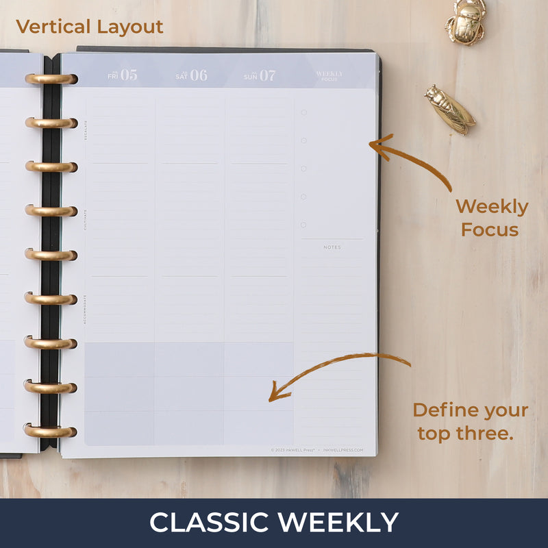 the 2024-2025 classic vertical planning layout features a weekly spread with to do notes, bullet points, lined notes section, and block planning.