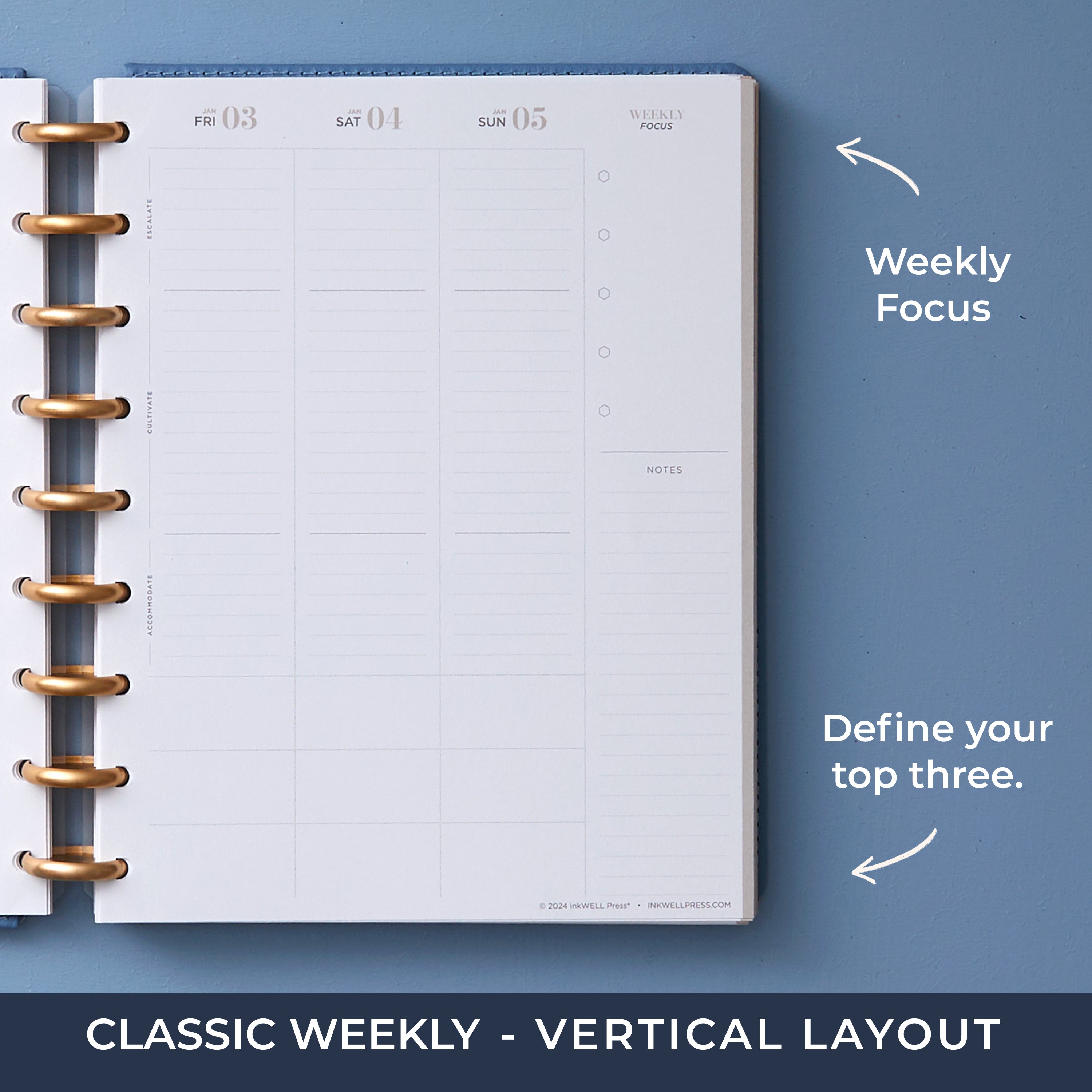 classic planner from inkwellpress featuring a vertical planning layout with lined writing space and top three priorities blocks