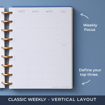 classic planner from inkwellpress featuring a vertical planning layout with lined writing space and top three priorities blocks