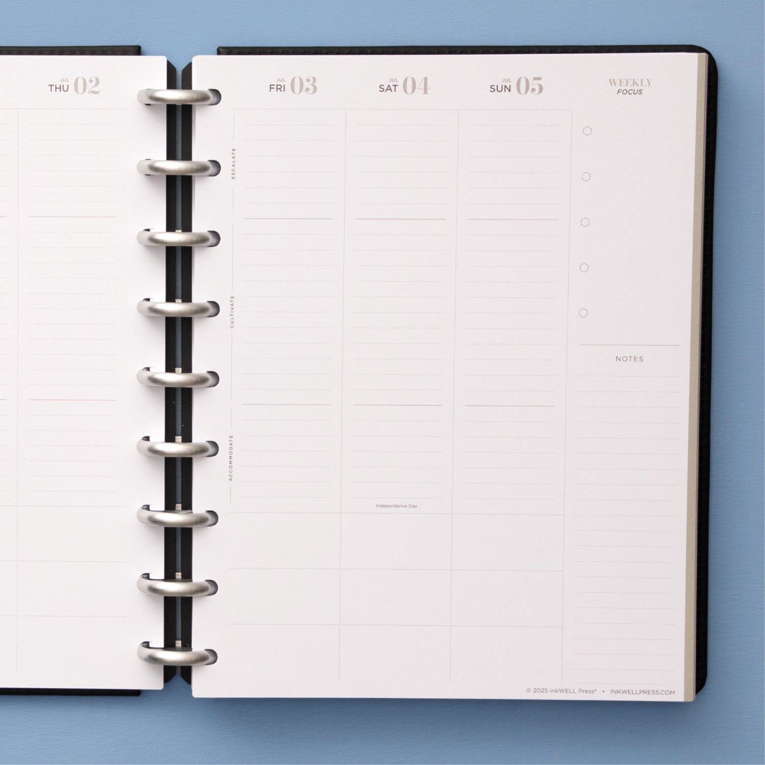 inkwell classic weekly layout featuring bullet points, lined writing space, and vertical planning in 7x9 size