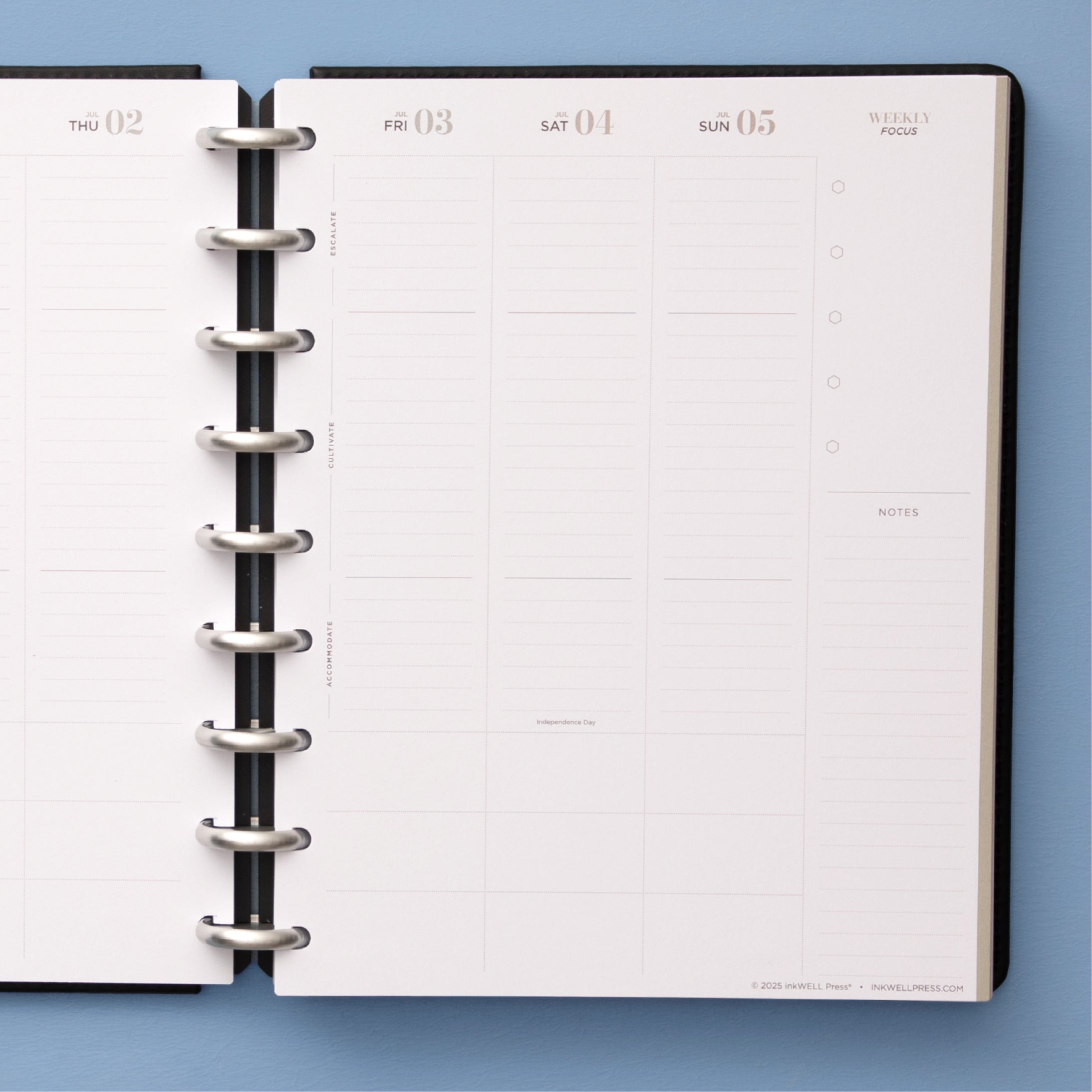 inkwell classic weekly layout featuring bullet points, lined writing space, and vertical planning in 7x9 size