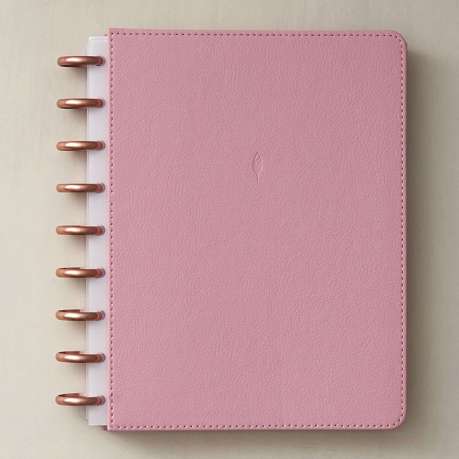 7x9 mochi pink faux leather vegan cover with rose gold discs, white-clear bindings.