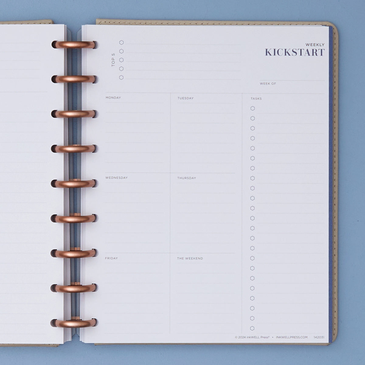 7x9 weekly kickstart page with tasks and daily sections for each day with lined writing space