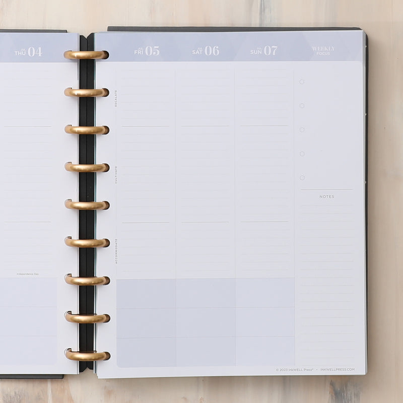 2024-2025 weekly monthly classic planner featuring a vertical planning layout ample lined writing space for to do's, planning priorities, and notes