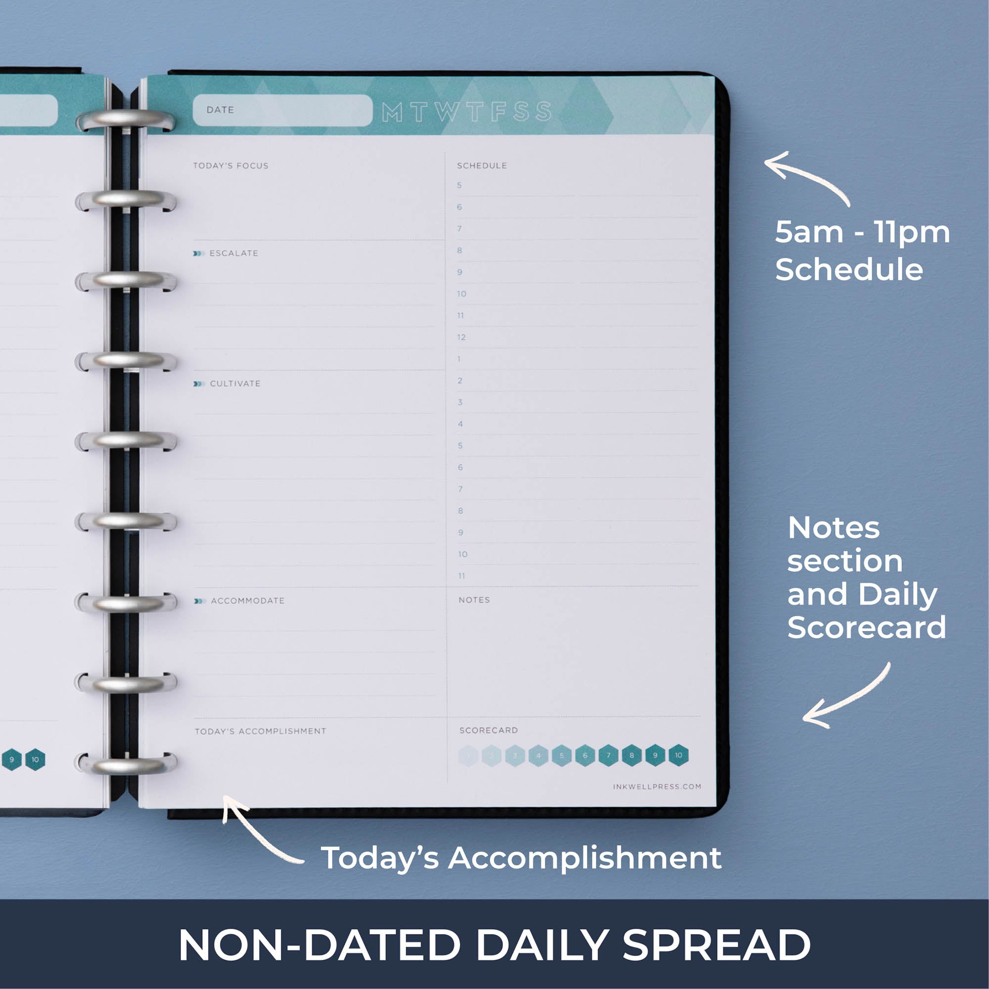 daily non-dated insert 7x9 size featuring 5am-11pm schedule, notes section, bullet points, and scorecard