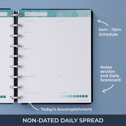 daily non-dated insert 7x9 size featuring 5am-11pm schedule, notes section, bullet points, and scorecard