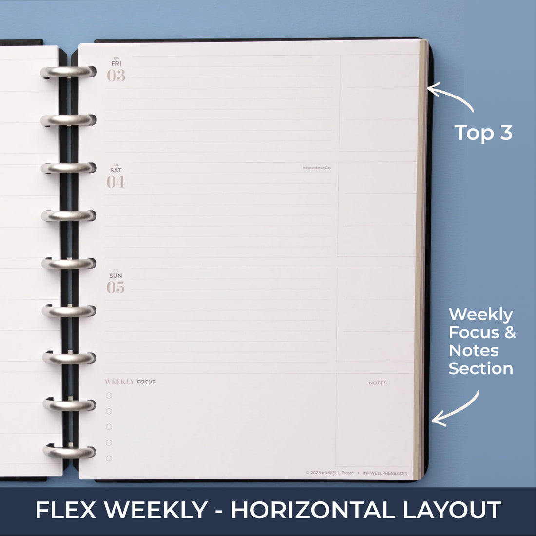 the inkwellpress flex weekly insert features horizontal planning with lined writing space, bullet points, and notes section