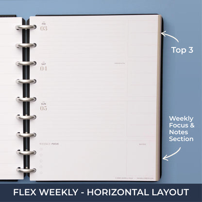 the inkwellpress flex weekly insert features horizontal planning with lined writing space, bullet points, and notes section