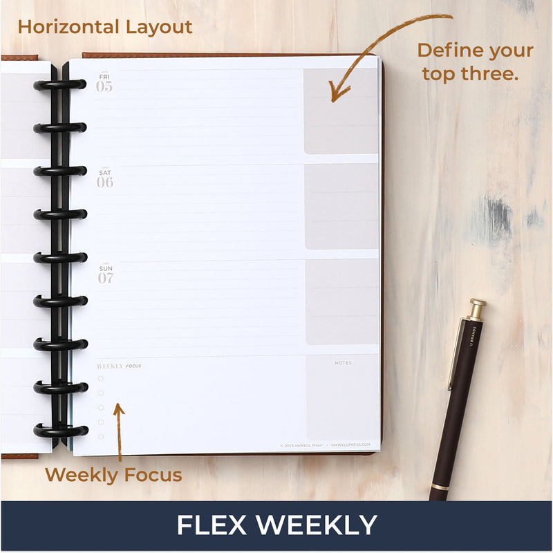 flex planner from inkwellpress featuring a horizontal planning layout with lined writing space and top three priorities blocks
