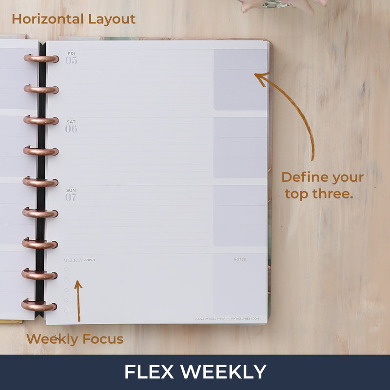the 2024-2025 flex horizontal planning layout features a weekly spread with to do notes, bullet points, lined notes section, and block planning.
