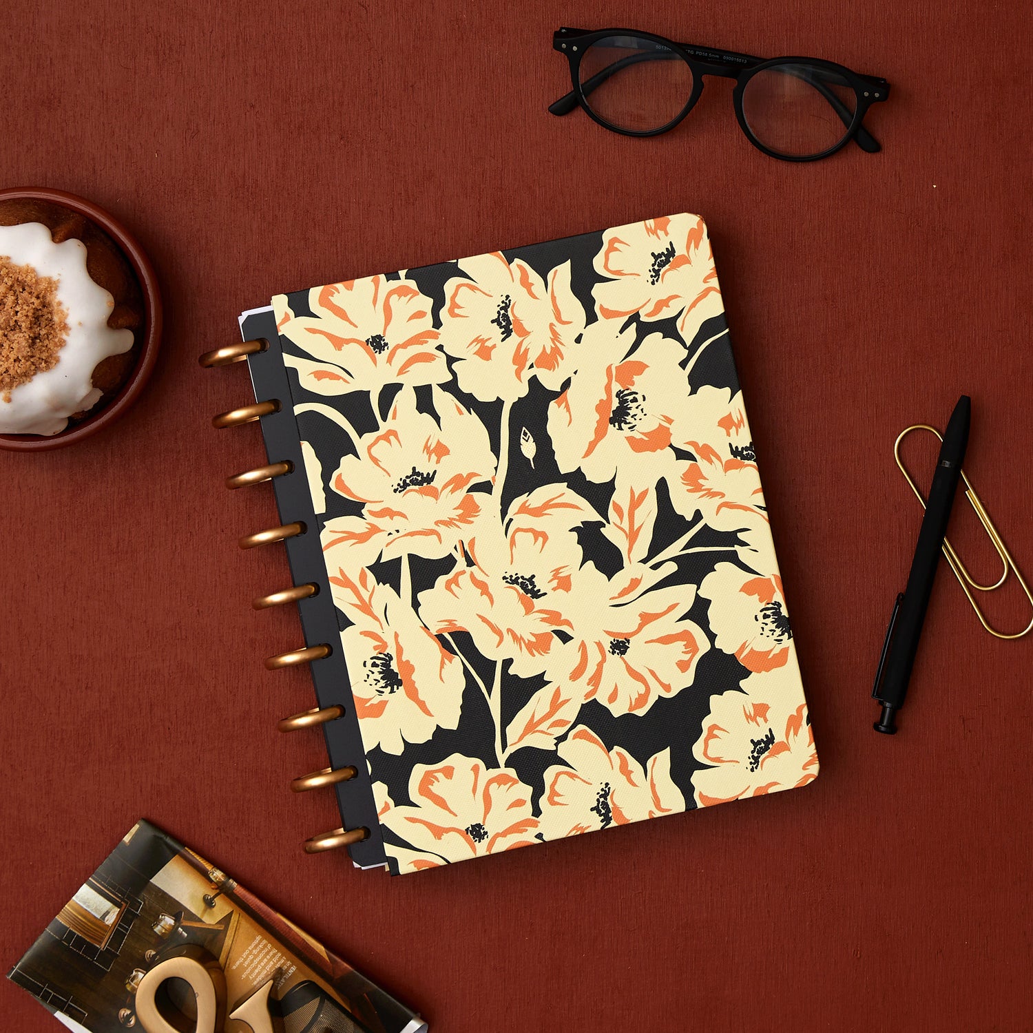 7x9 cover featuring japanese floral patterns in yellow, orange on a black background