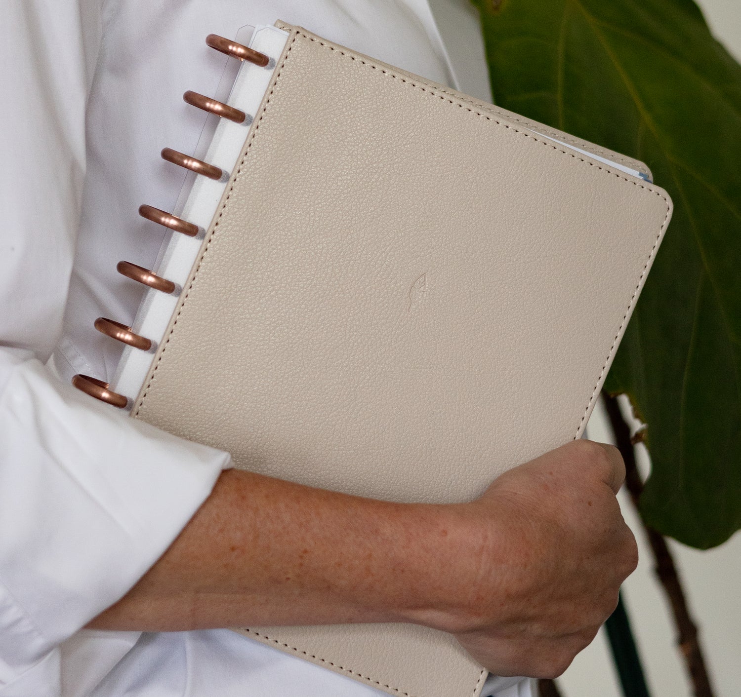 oat latte colored faux vegan leather cover for disc bound system inkwellpress.com in 7x9 size