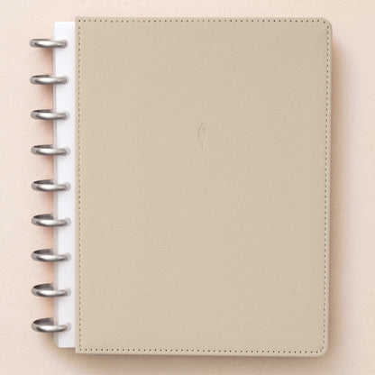 a light beige chalk grey faux leather front cover in 7x9 size with silver disc system