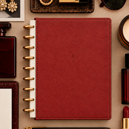 faux leather burgundy cover on a beige brown background