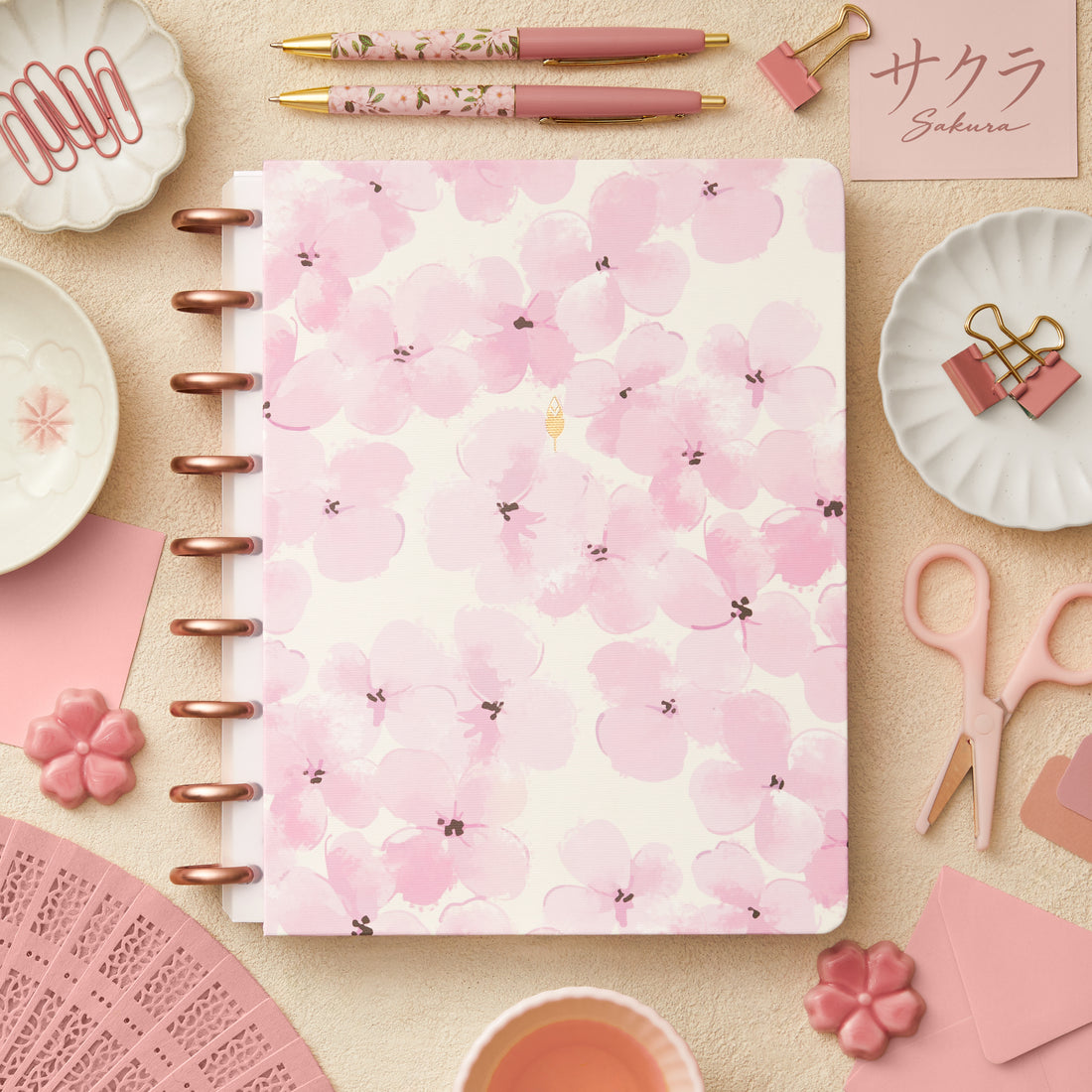 pink flowers and gold quill int eh center front cover for this 7x9 size with rose gold disc