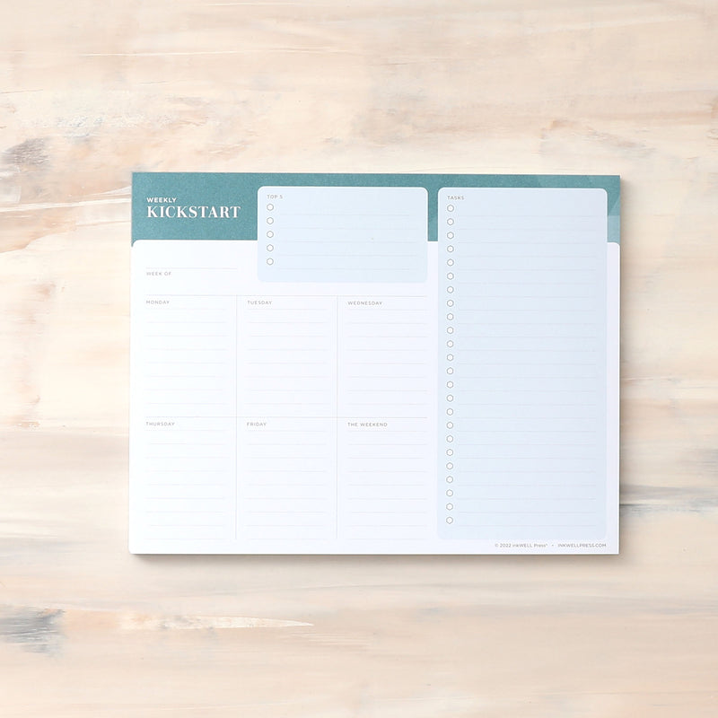 kickstart notepad in 7x9 size featuring to do list for tasks, top 5, and weekly overview with lined writing space