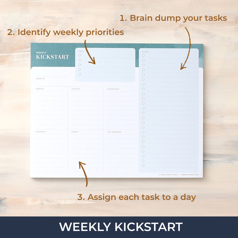 kickstart notepad in 7x9 size featuring to do list for tasks, top 5, and weekly overview with lined writing space