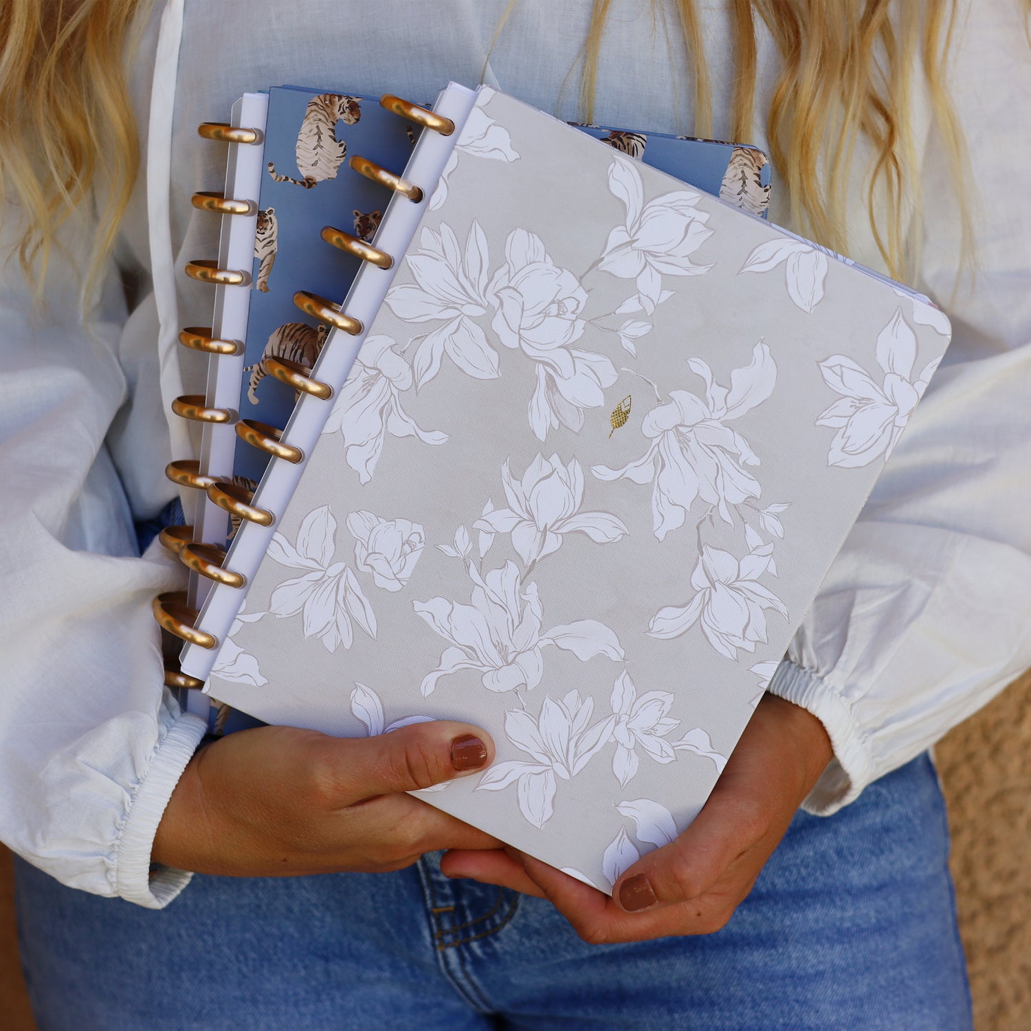 7x9 beautiful white florals with grey background, gold discs, and clear/white binding