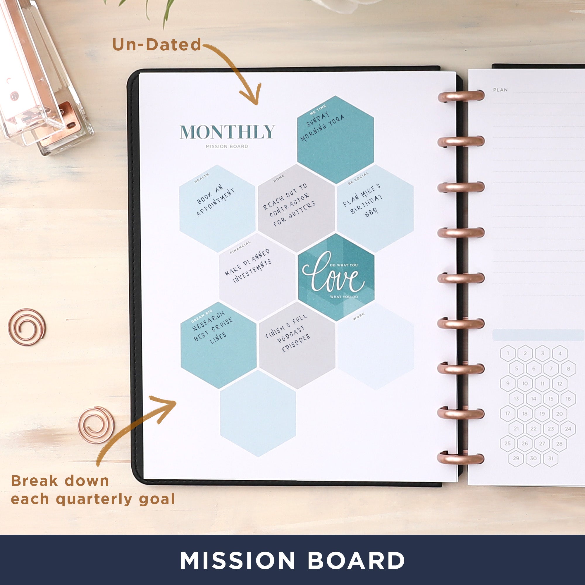 non-dated monthly layout with hexagon categories, to do list, lined notes section