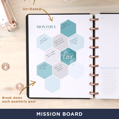 non-dated monthly layout with hexagon categories, to do list, lined notes section