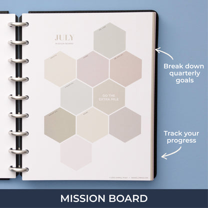 mission board breakdown your quarterly goals and track your progress through hexagonal shapes