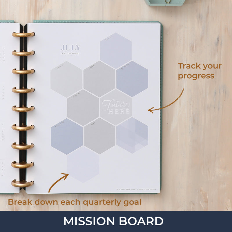 July 2024 - June 2025 mission board featuring ways to track your progress, break down your goals.