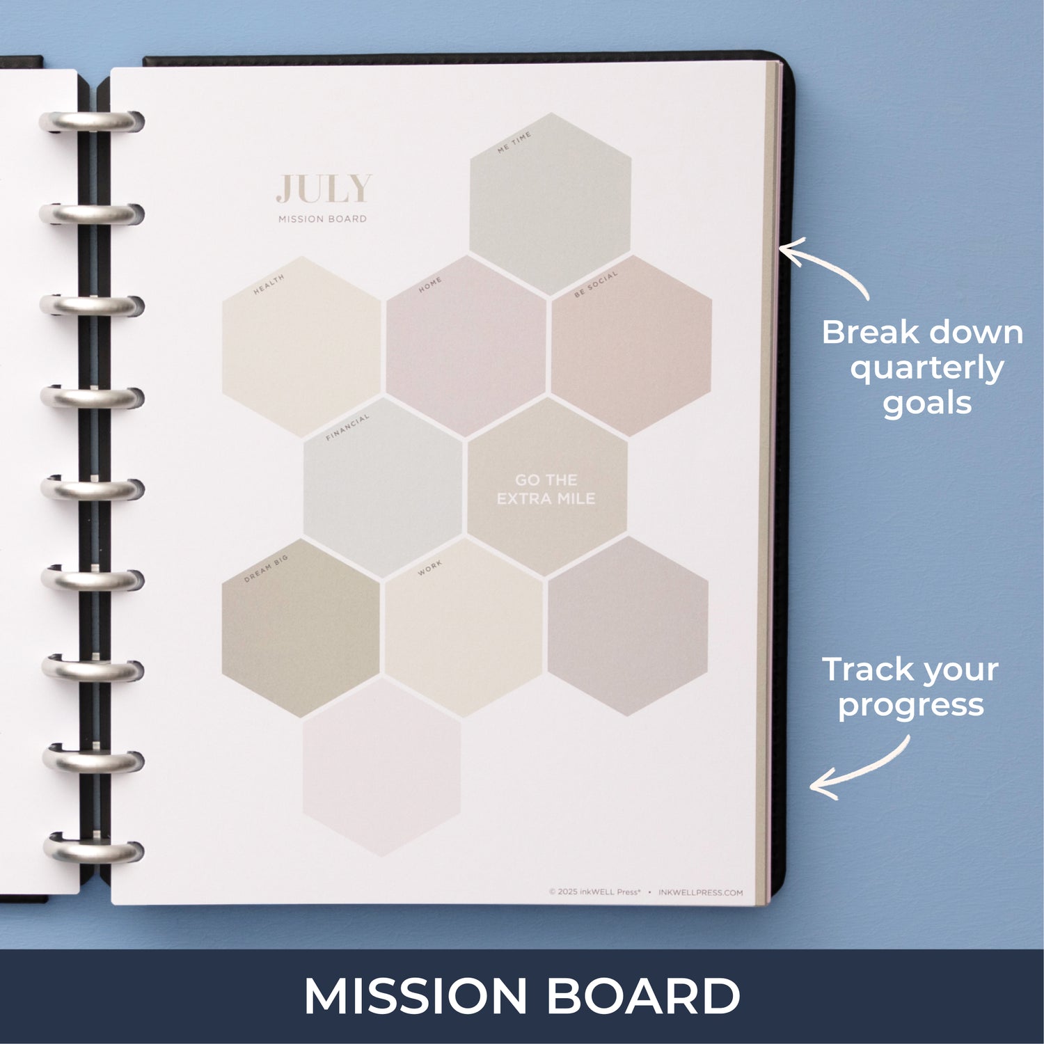mission board breakdown your quarterly goals and track your progress through hexagonal shapes