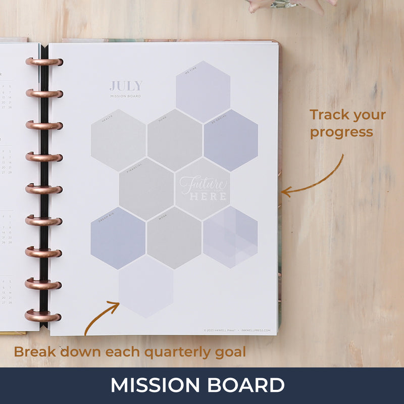 July 2024 - June 2025 mission board featuring ways to track your progress, break down your goals.