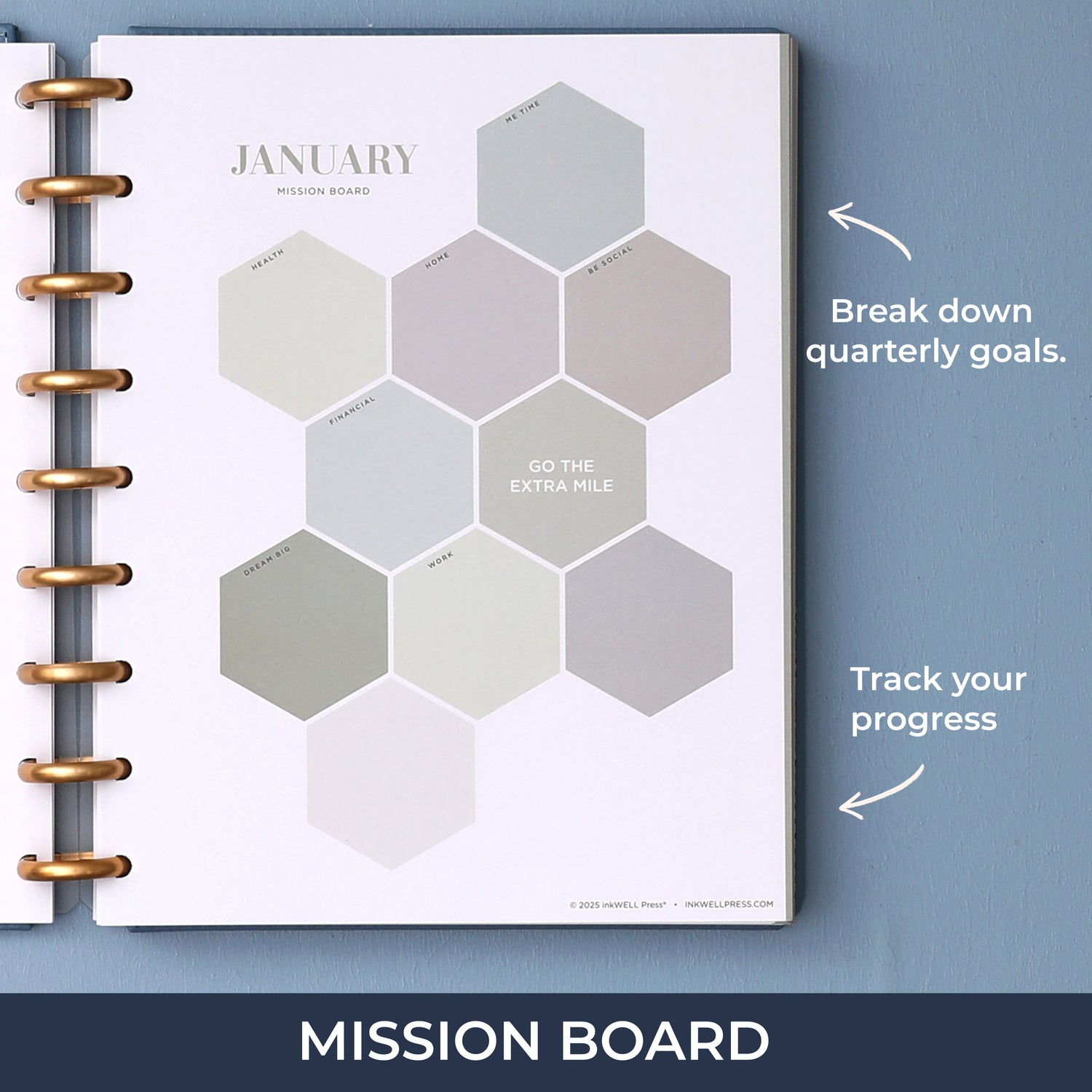 2026 planner featuring a mission board to track quarterly goals, health, home, finances, etc. 