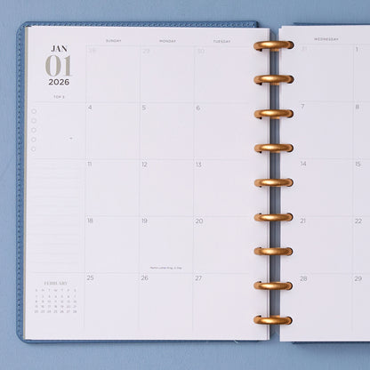 january 2026 - december 2026 monthly insert featuring bullet points, lined notes section, reference calendars, and blank writing space for each day.