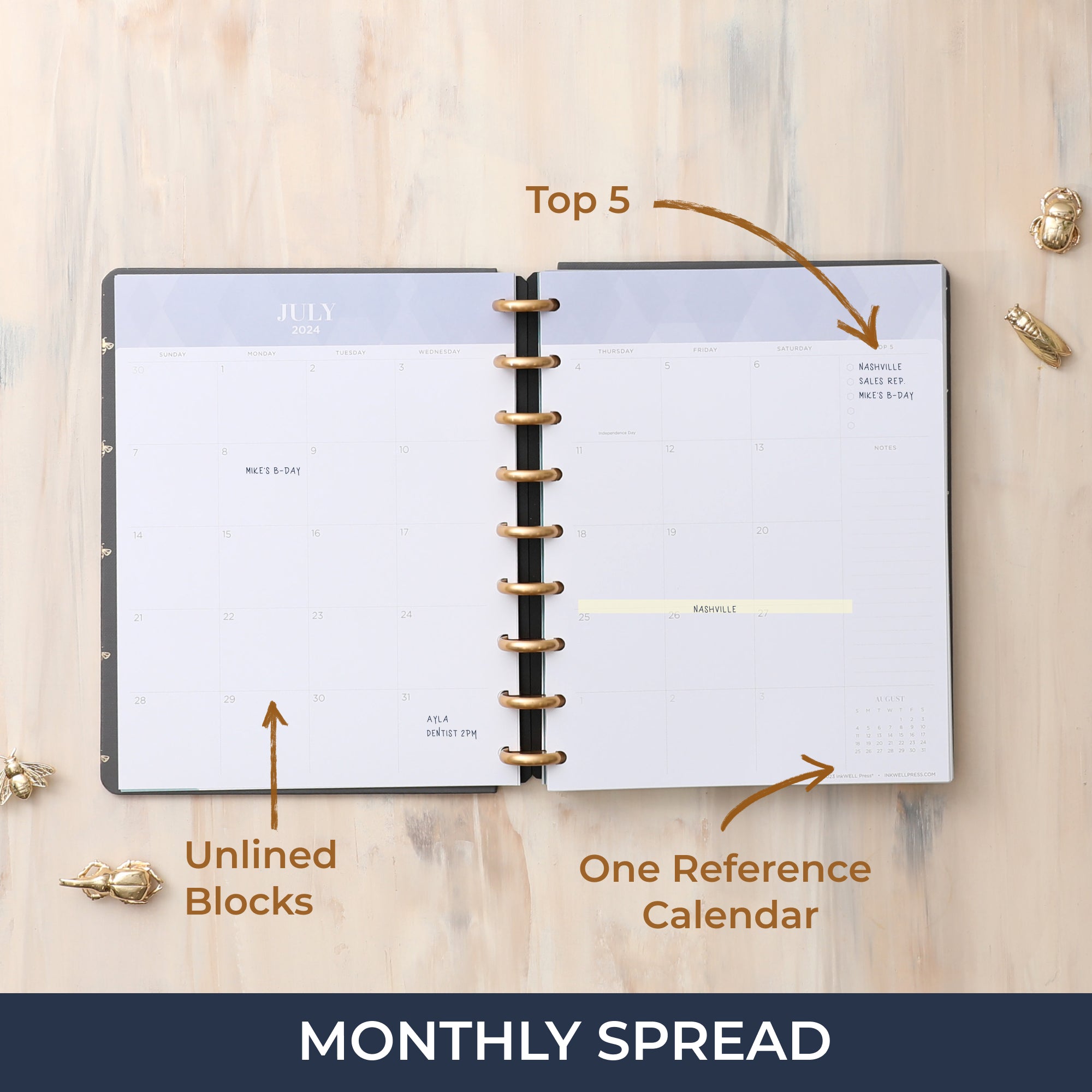 2024-2025 monthly planner featuring a monthly spread with top 5 to do&