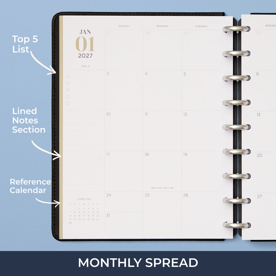 An open disc-bound planner showing a monthly calendar spread with lined notes section and reference calendar, and bullet points, and callouts stating &