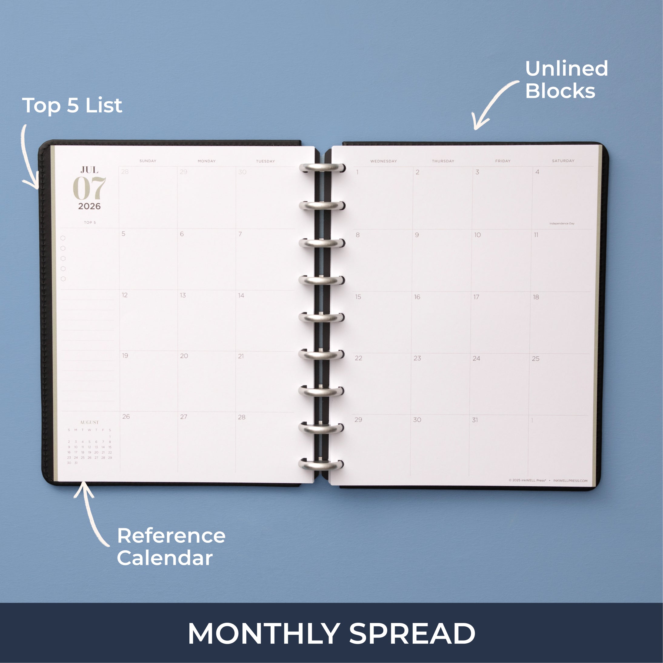 monthly spread featuring open writing space, bullet points, lined notes section for this 7x9 planner