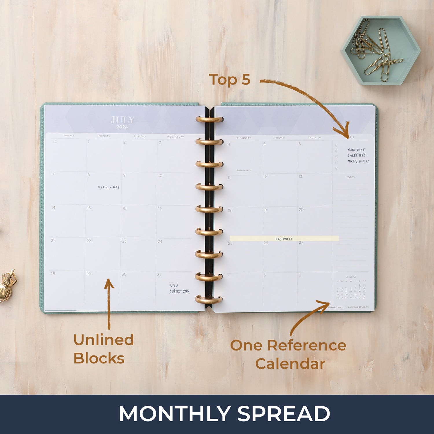 2024-2025 monthly planner featuring a monthly spread with top 5 to do&