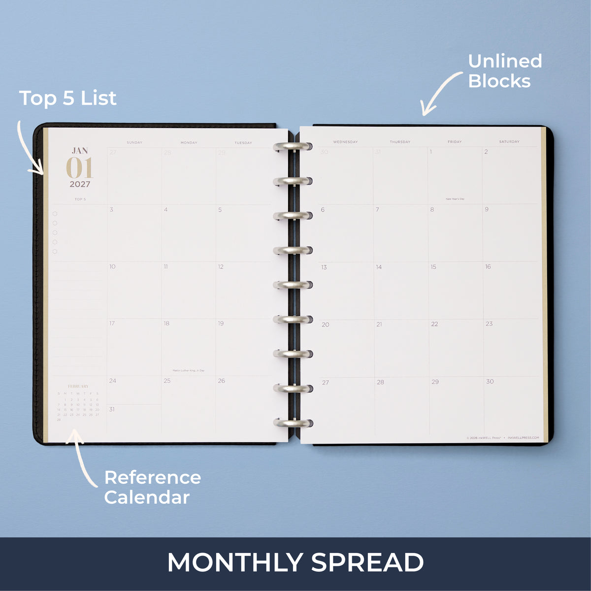 7x9 size monthly spread insert showing ample unlined daily blocks for planning