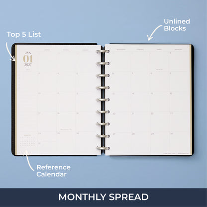 7x9 size monthly spread insert showing ample unlined daily blocks for planning